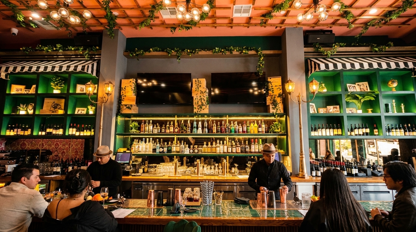 A lively bar scene with bartenders serving drinks to patrons at a long, well-stocked bar.