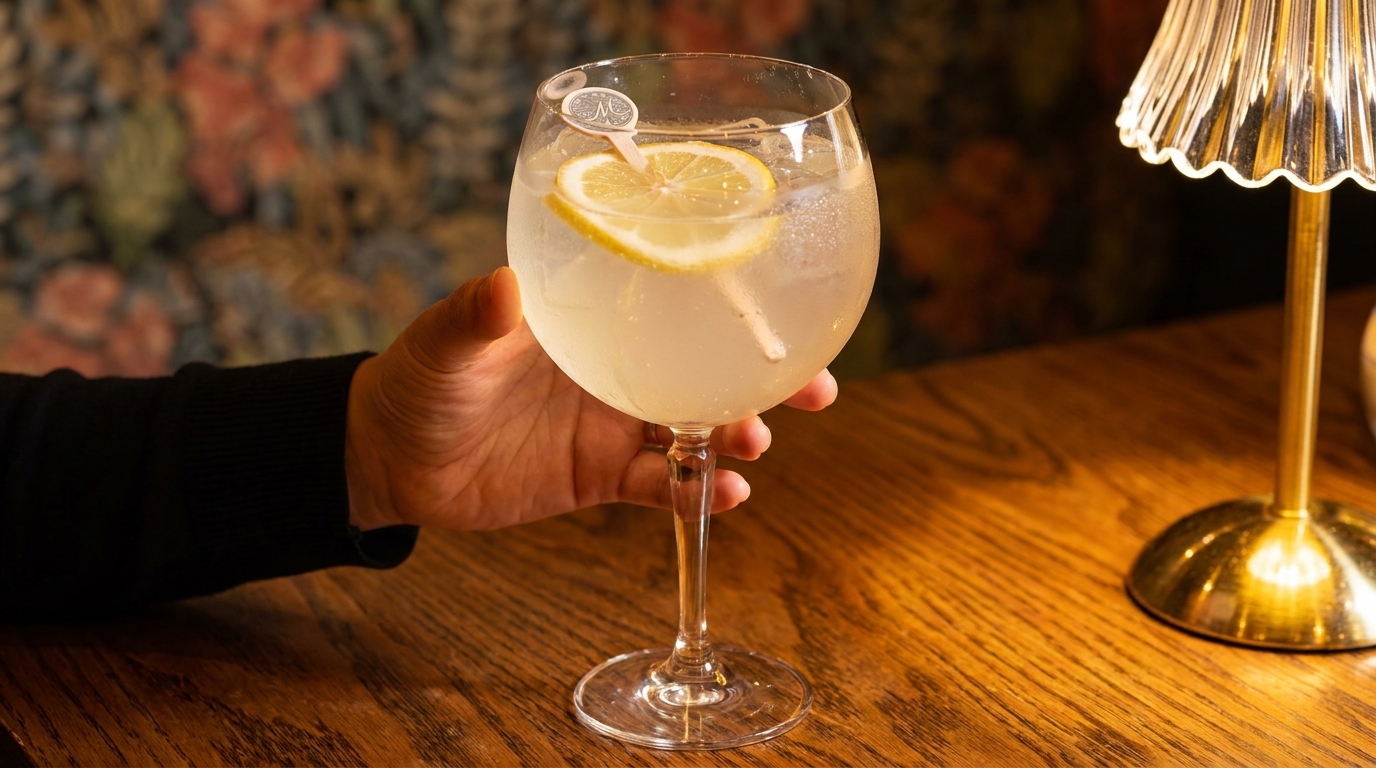Hand holding a gin and tonic with lemon slice and stirrer, next to a lamp on a wooden table.