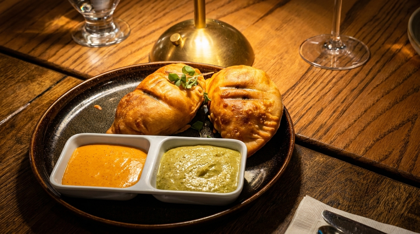 Two golden-brown empanadas with microgreens, served with orange and green dipping sauces on a dark plate.