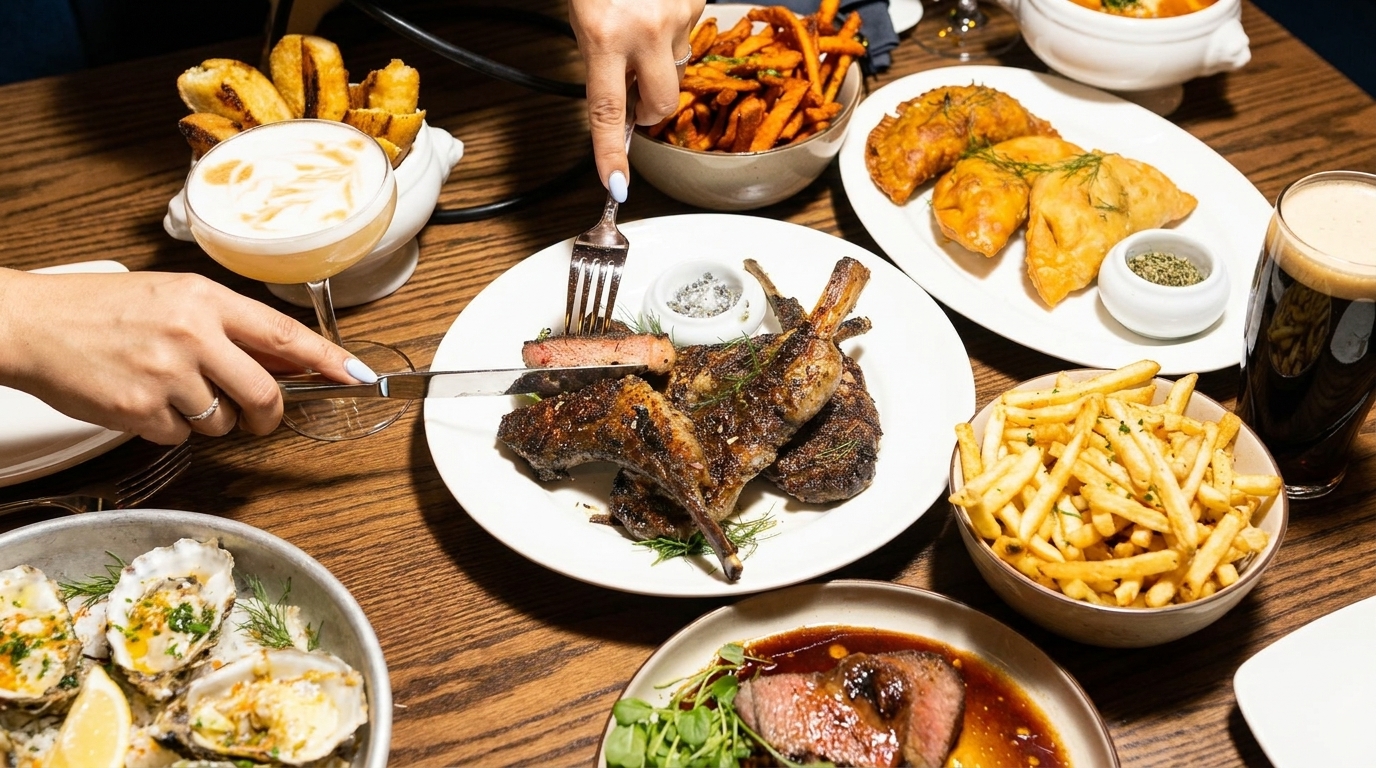 A table laden with various dishes including lamb chops, oysters, fries, empanadas, and cocktails.