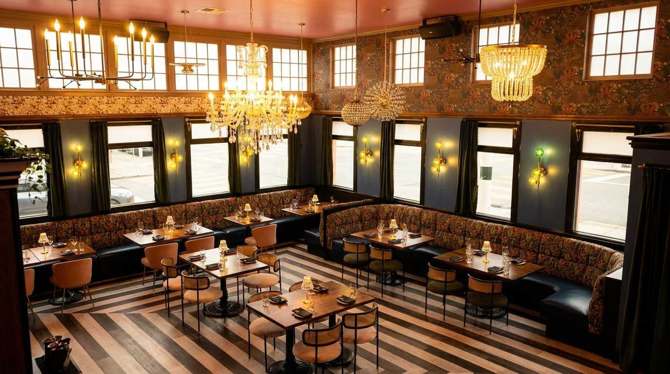 Elegant restaurant interior with patterned banquettes, wooden tables, chandeliers, and large windows overlooking a street.