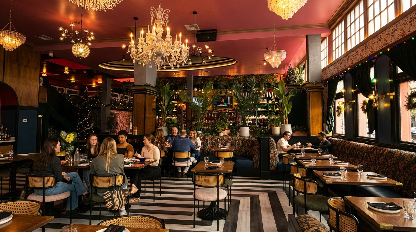 A vibrant restaurant interior with patrons dining, featuring chandeliers, plants, and a pink ceiling.