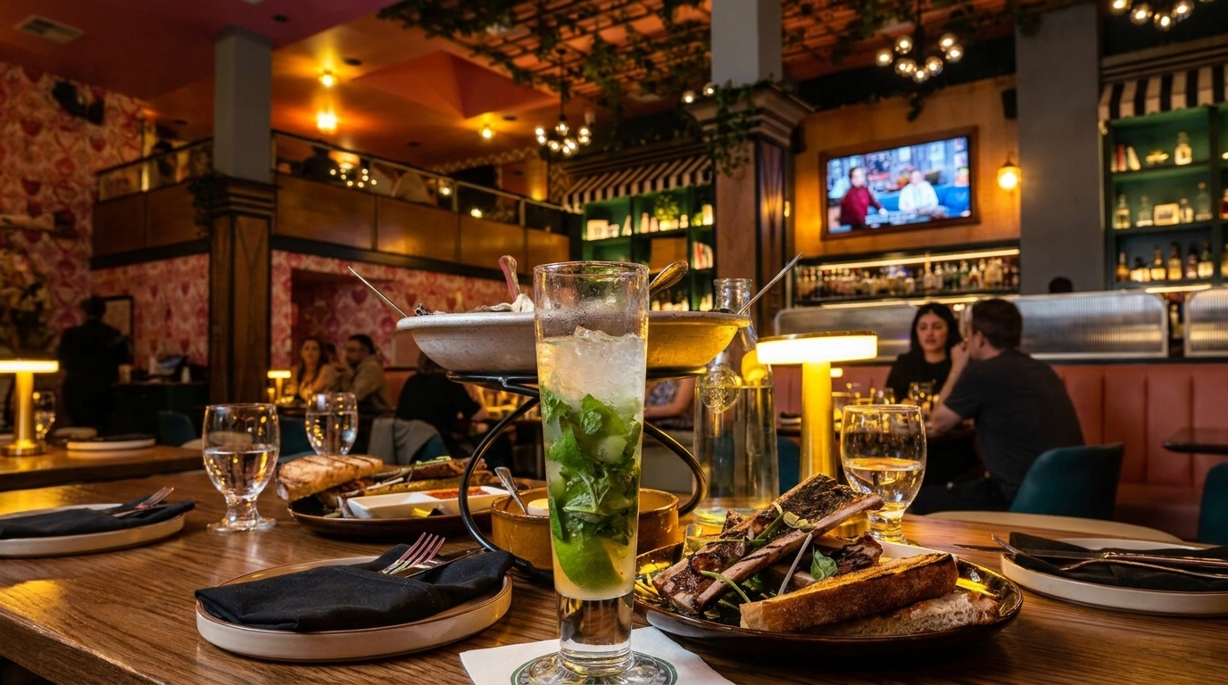 A vibrant restaurant interior with a mojito, food, and patrons enjoying the lively atmosphere.