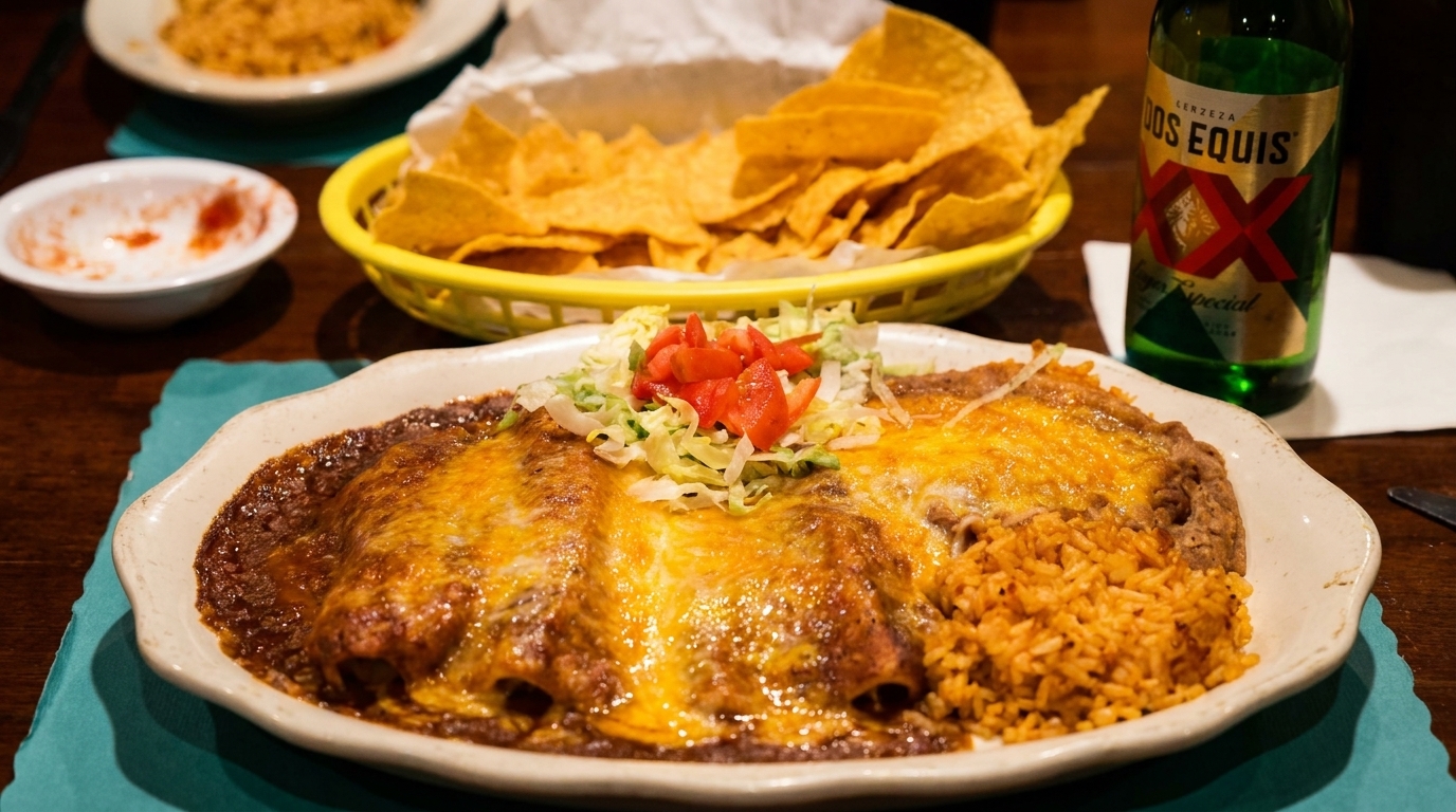 Cheesy enchiladas with rice, beans, lettuce, tomatoes, chips, and a Dos Equis beer bottle.