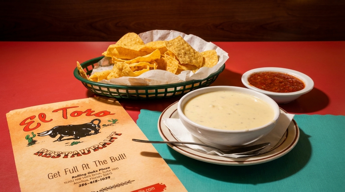El Toro Restaurant menu, a basket of tortilla chips, queso, and salsa on a red and teal table.