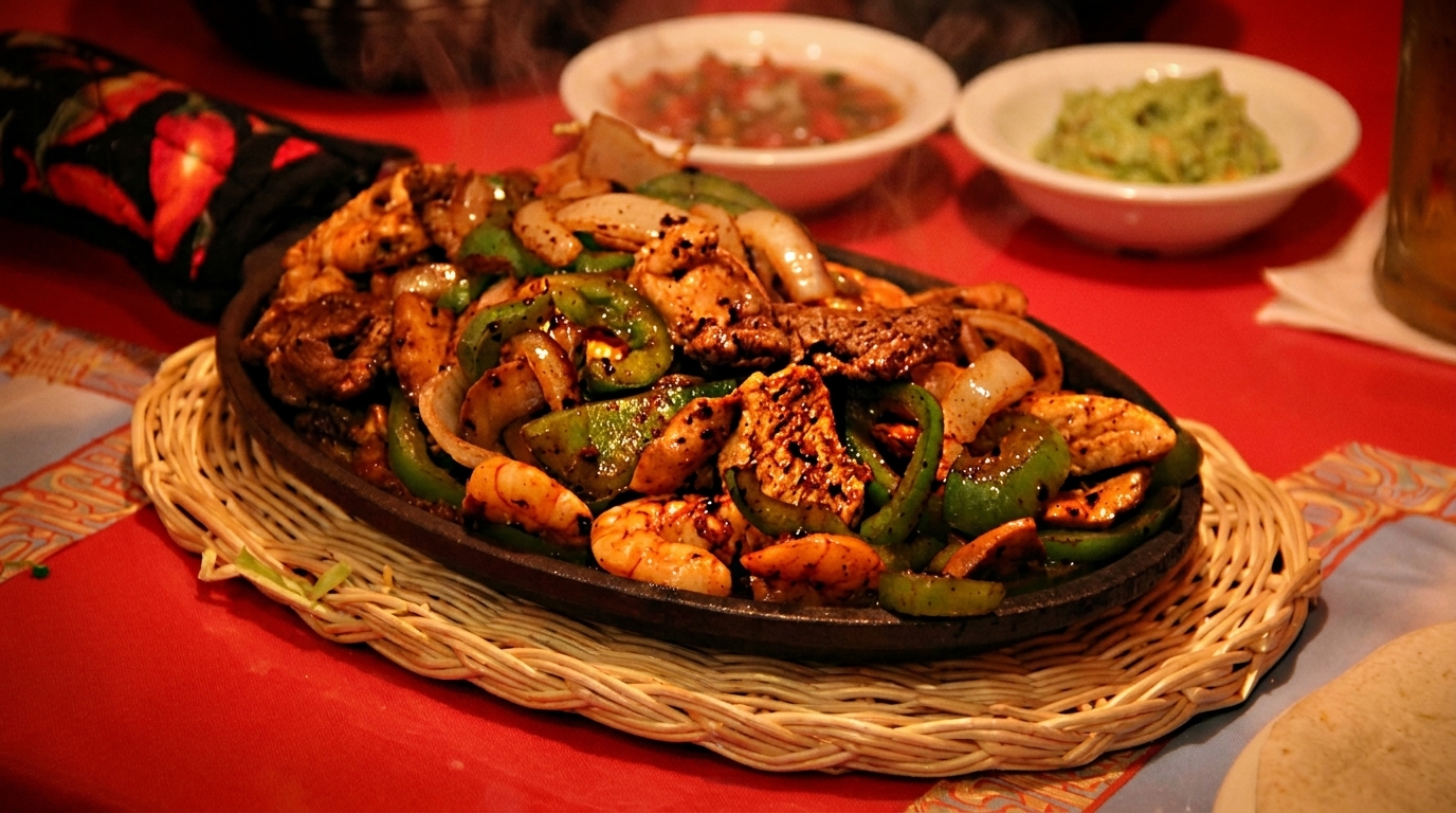 Sizzling fajitas with chicken, steak, shrimp, peppers, and onions on a red tablecloth.