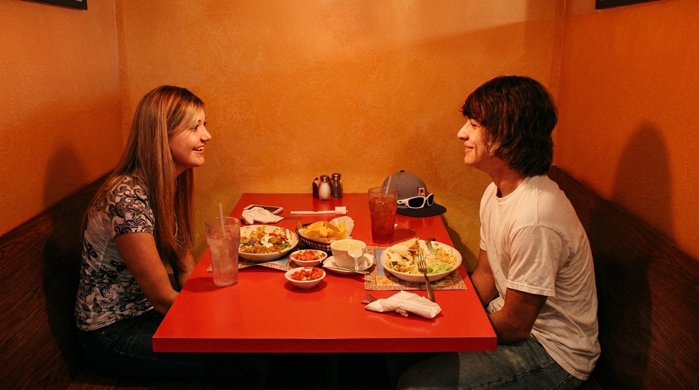 Two people smiling at each other across a red table with food and drinks in a restaurant booth.