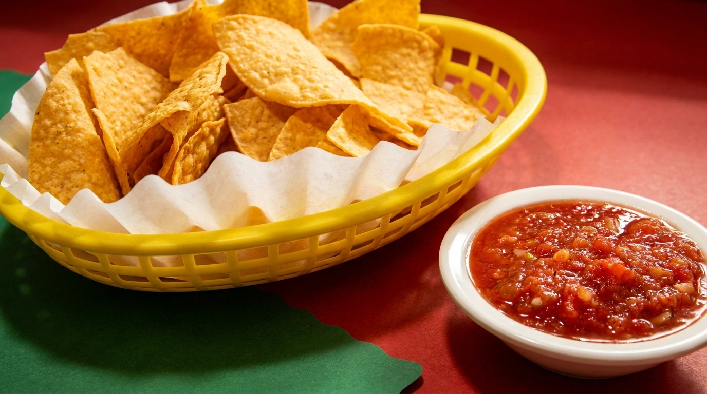 A yellow basket of tortilla chips and a white bowl of red salsa on a red and green surface.