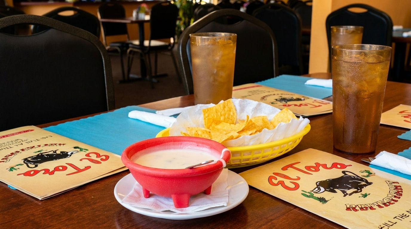 Table set with El Toro menus, a bowl of queso, tortilla chips, and iced tea.