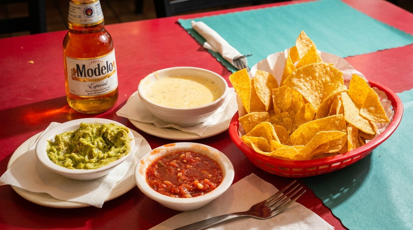 Modelo beer, tortilla chips, queso, guacamole, and salsa on a red and blue table.