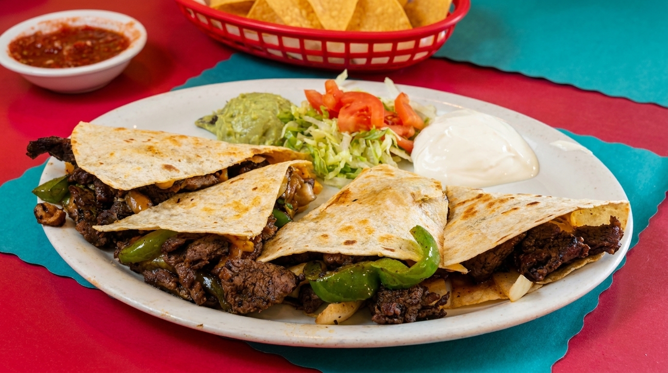 Steak quesadillas with green peppers, onions, guacamole, sour cream, and a side salad.
