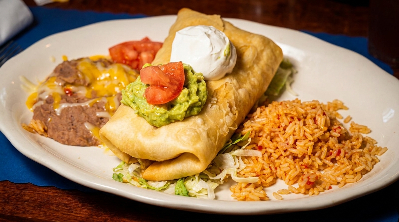 Golden-fried burrito topped with guacamole, sour cream, and diced tomatoes, served with refried beans and rice.
