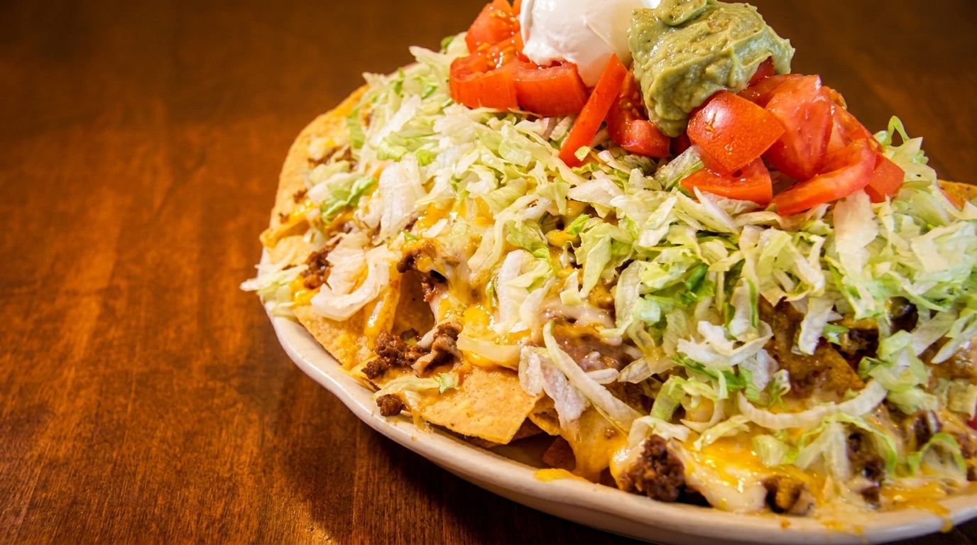 A large plate of nachos with ground beef, melted cheese, shredded lettuce, diced tomatoes, sour cream, and guacamole.