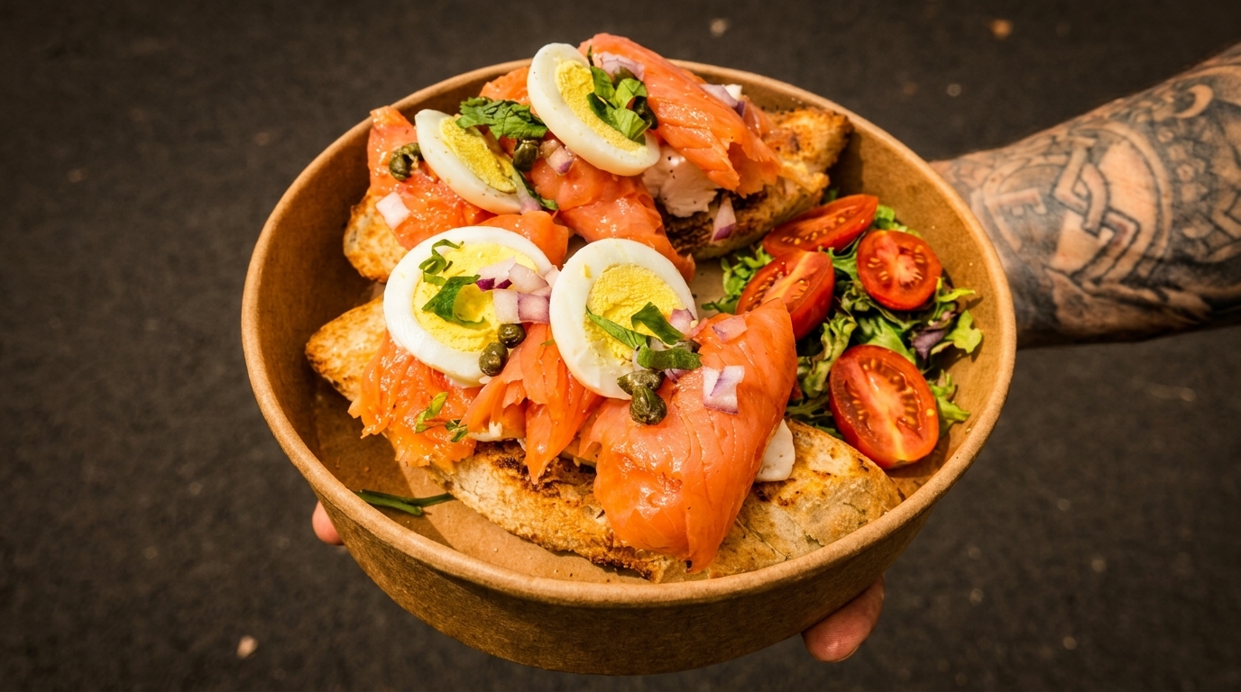 A person holds a bowl of salmon bruschetta with boiled eggs, red onion, capers, and a side salad.