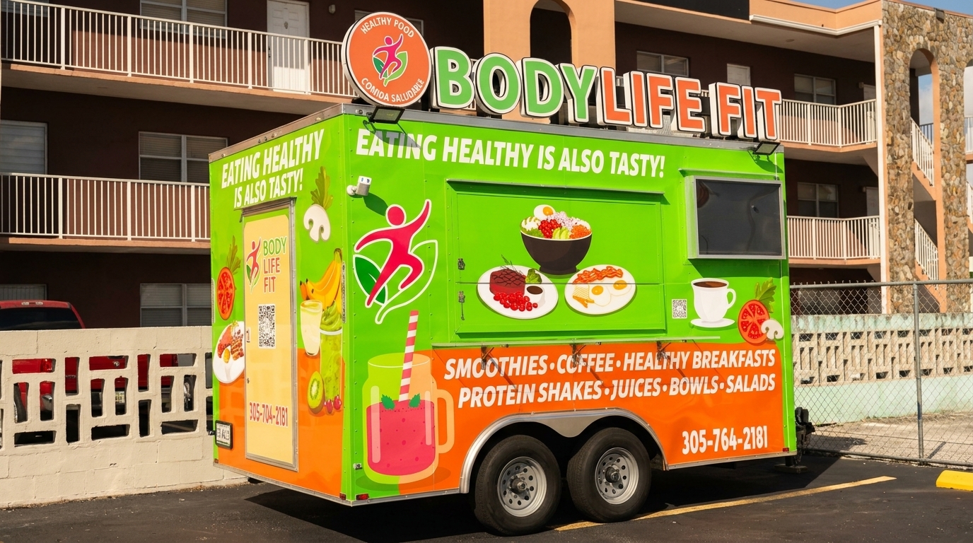 A bright green and orange Body Life Fit food truck with food illustrations parked outside.