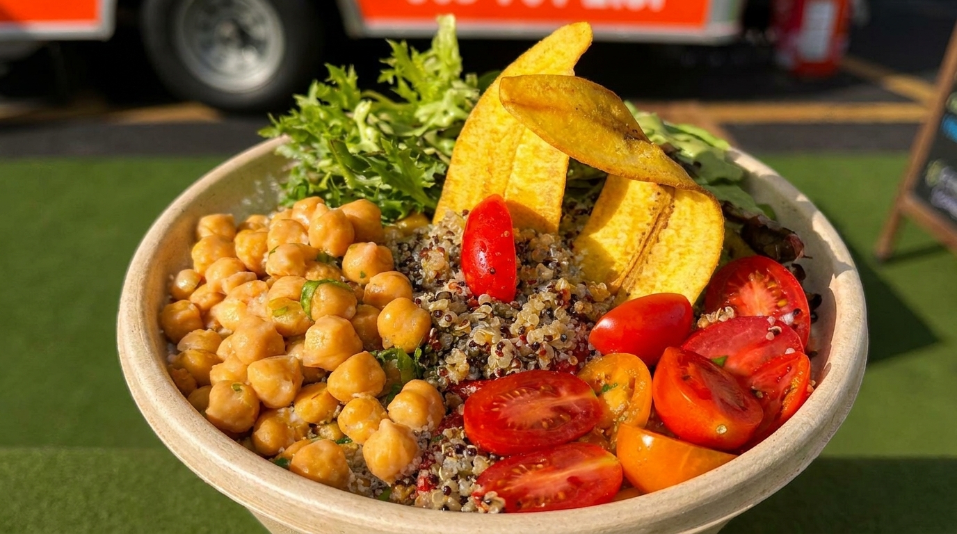 Close-up of a colorful bowl with chickpeas, quinoa, tomatoes, plantain chips, and greens.