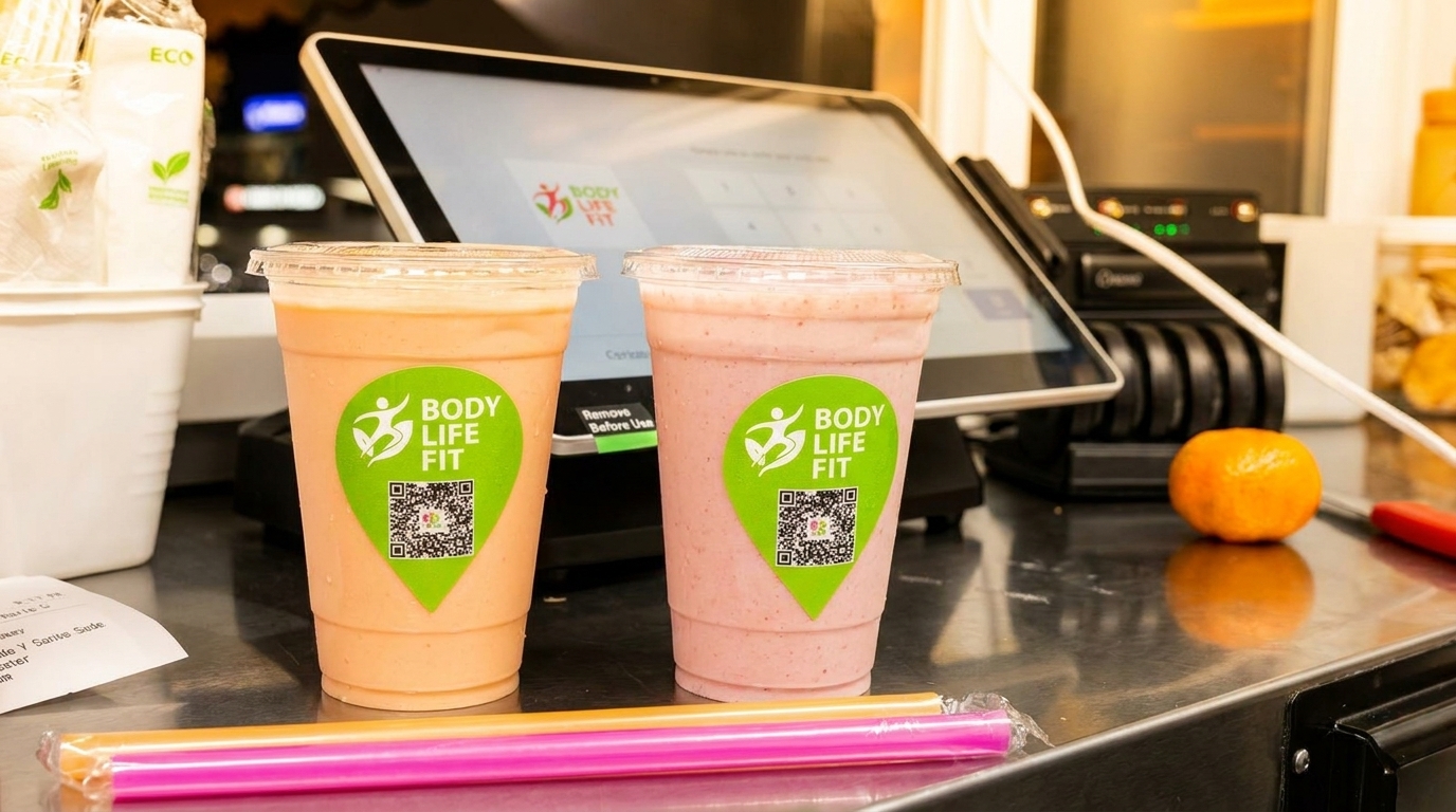 Two Body Life Fit smoothies, one peach and one pink, with straws on a counter.