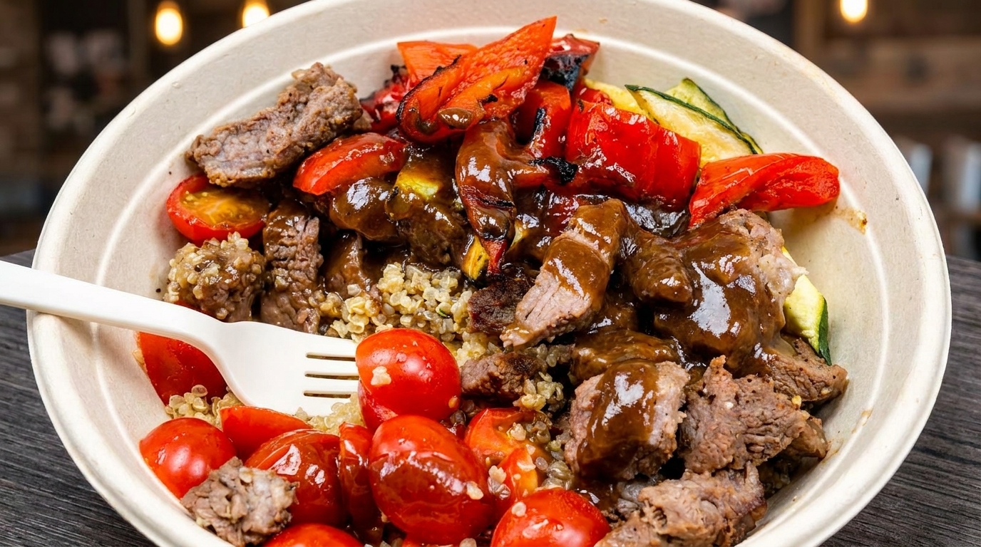 A close-up of a bowl filled with steak, quinoa, roasted red peppers, zucchini, and cherry tomatoes.
