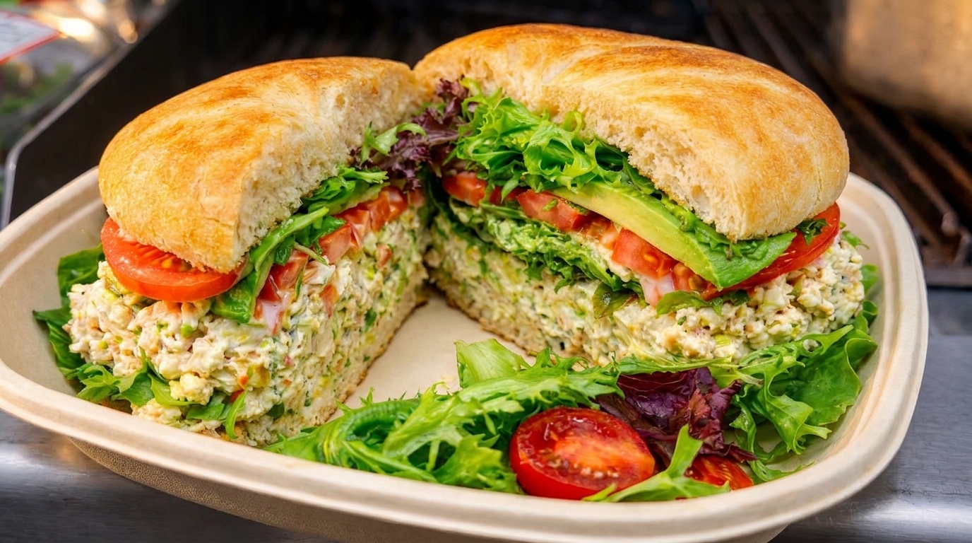 A large bagel sandwich, cut in half, filled with salad, avocado, and tomatoes in a takeout container.