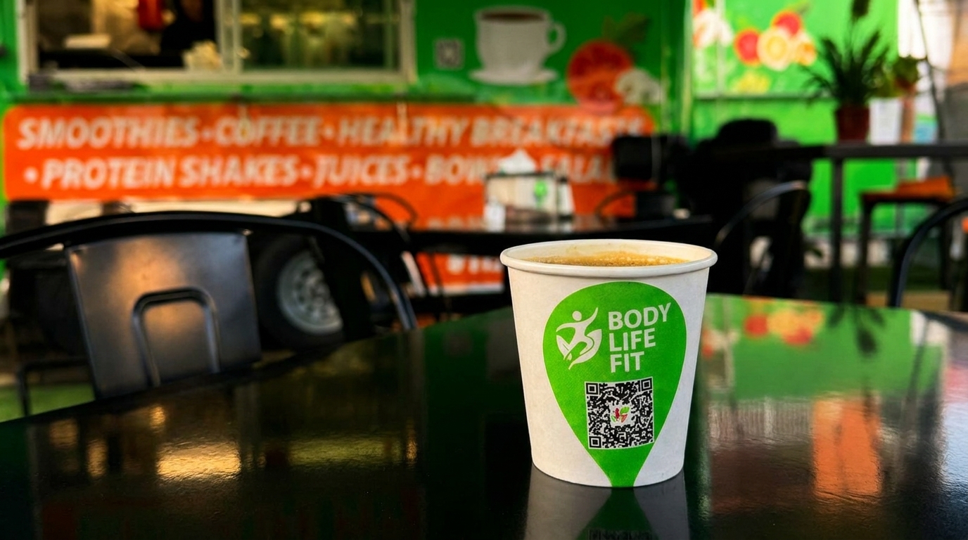 A coffee cup with "Body Life Fit" logo on a black table, with a green food truck in the background.