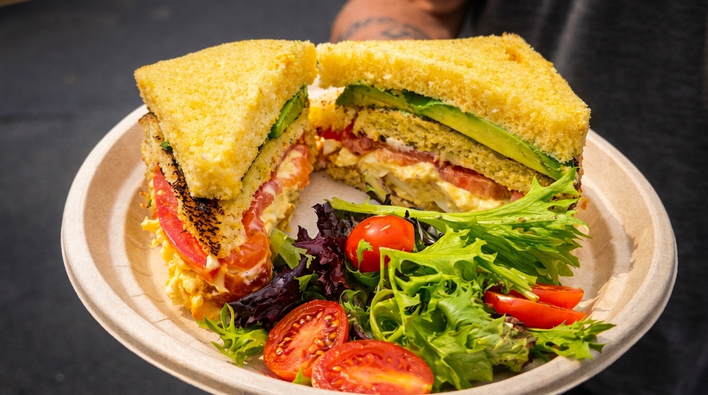 A sandwich with egg salad, tomato, and avocado, served with a side salad on a plate.