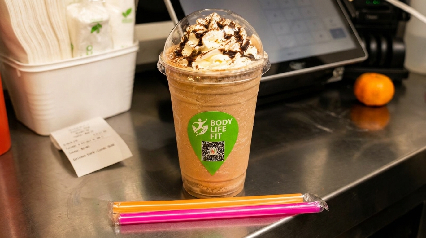 A Body Life Fit smoothie with whipped cream and chocolate drizzle sits on a counter with straws.