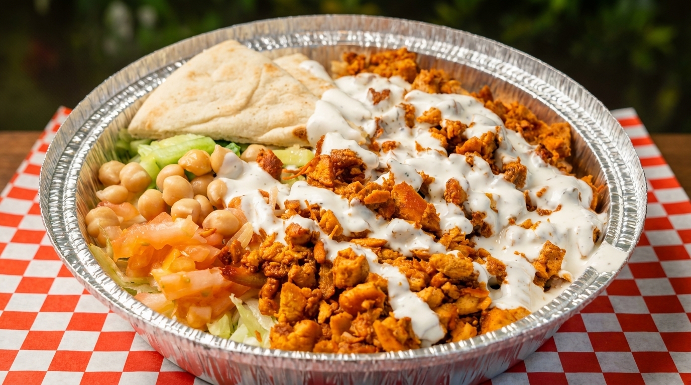 Chicken and rice platter with chickpeas, tomatoes, lettuce, pita bread, and white sauce.
