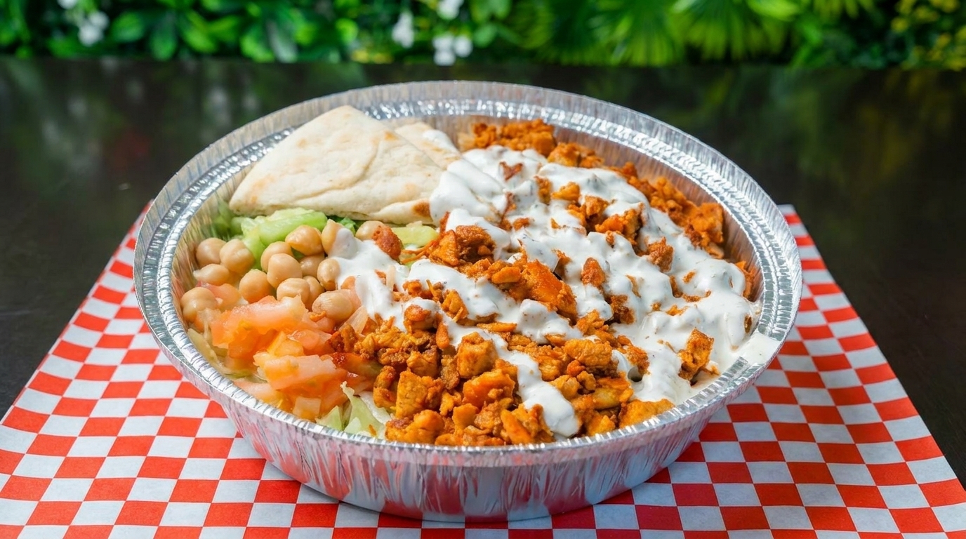 Chicken and chickpea rice bowl with pita bread and white sauce on a red and white checkered paper.