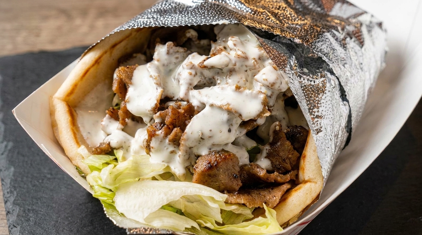 A gyro wrap with meat, lettuce, and white sauce, partially wrapped in foil.