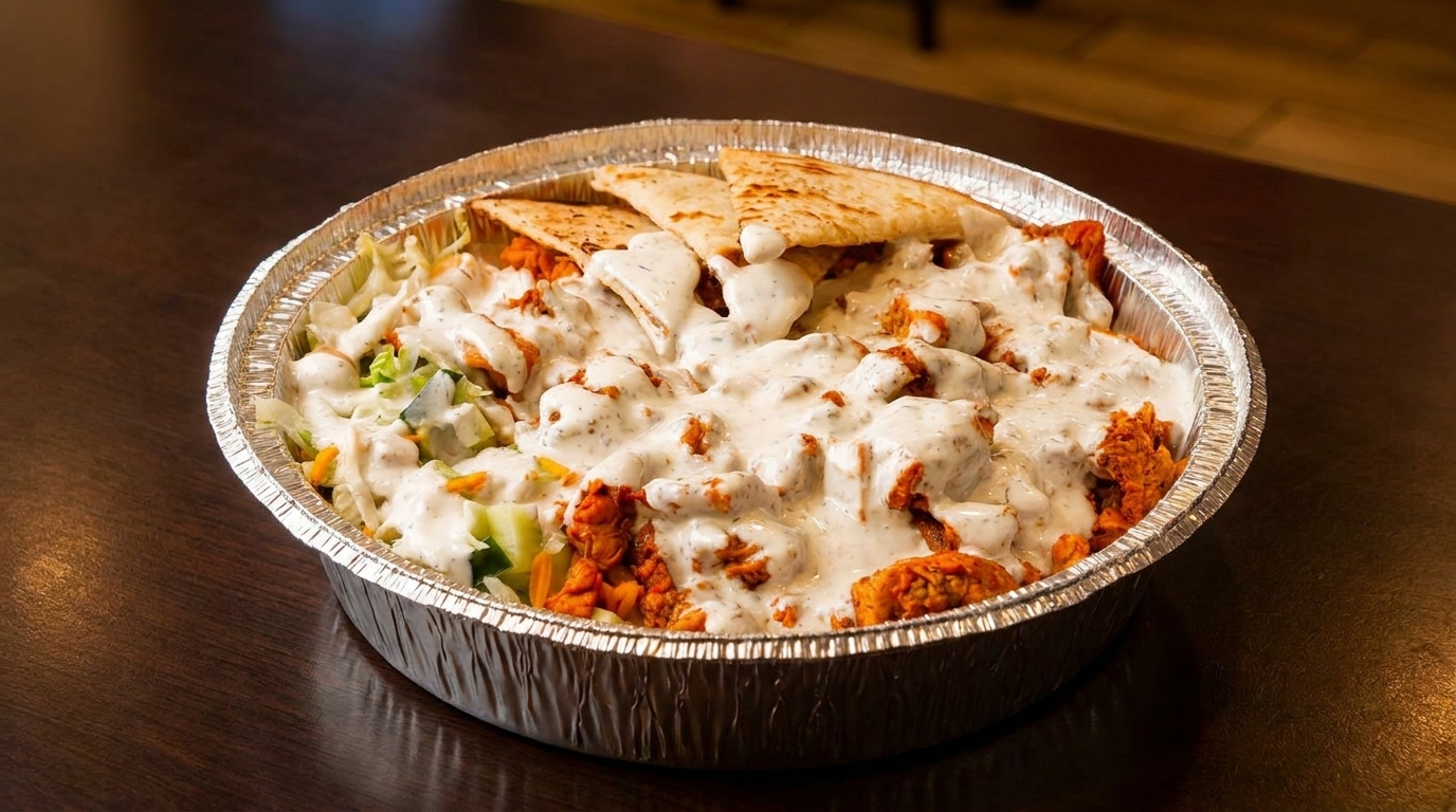A foil container filled with chicken, rice, salad, pita bread, and white sauce on a dark table.