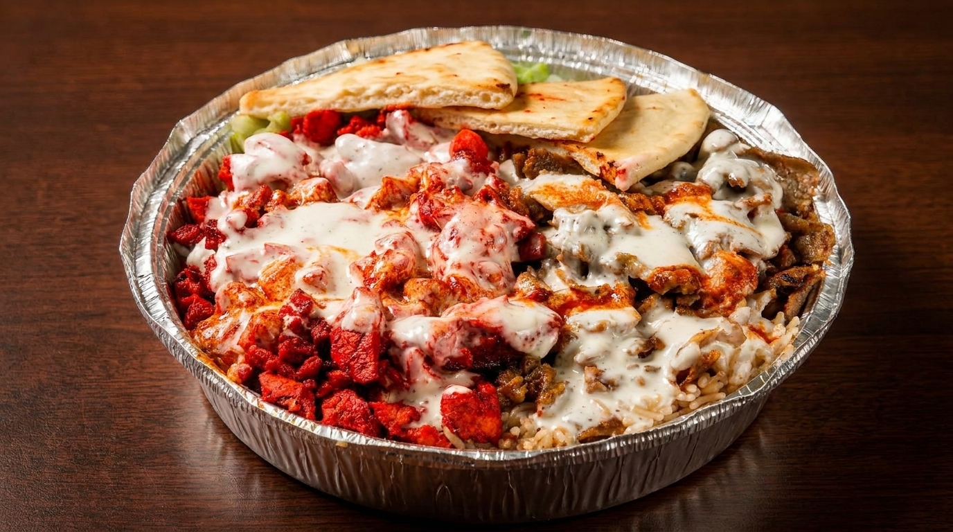 A foil container filled with rice, red chicken, gyro meat, white sauce, and pita bread.
