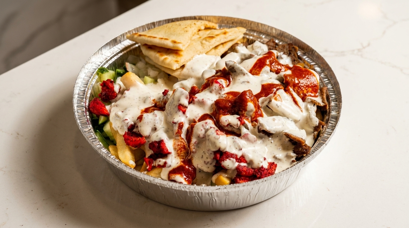 A foil container filled with fries, chicken, beef, white sauce, red sauce, and pita bread.