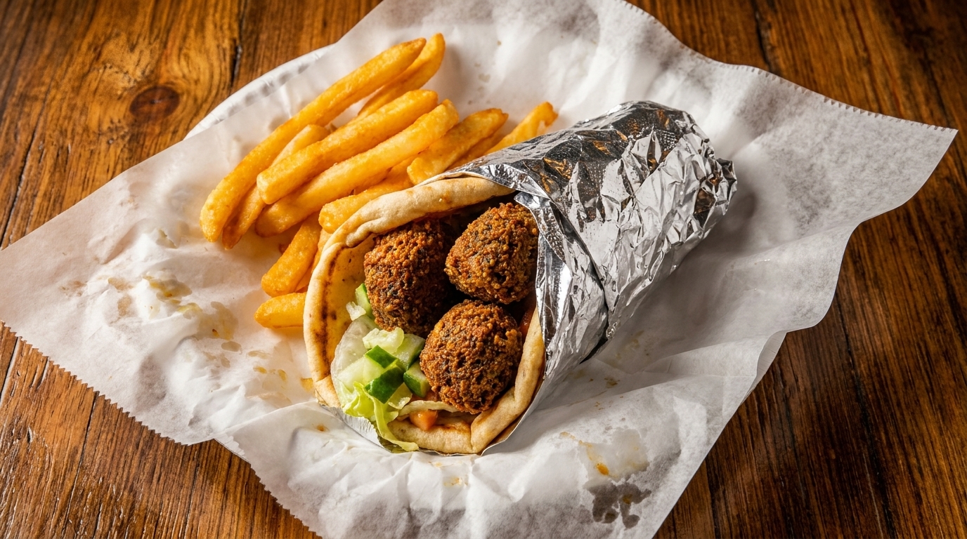 A falafel wrap with lettuce, cucumbers, and sauce, alongside golden french fries on parchment paper.