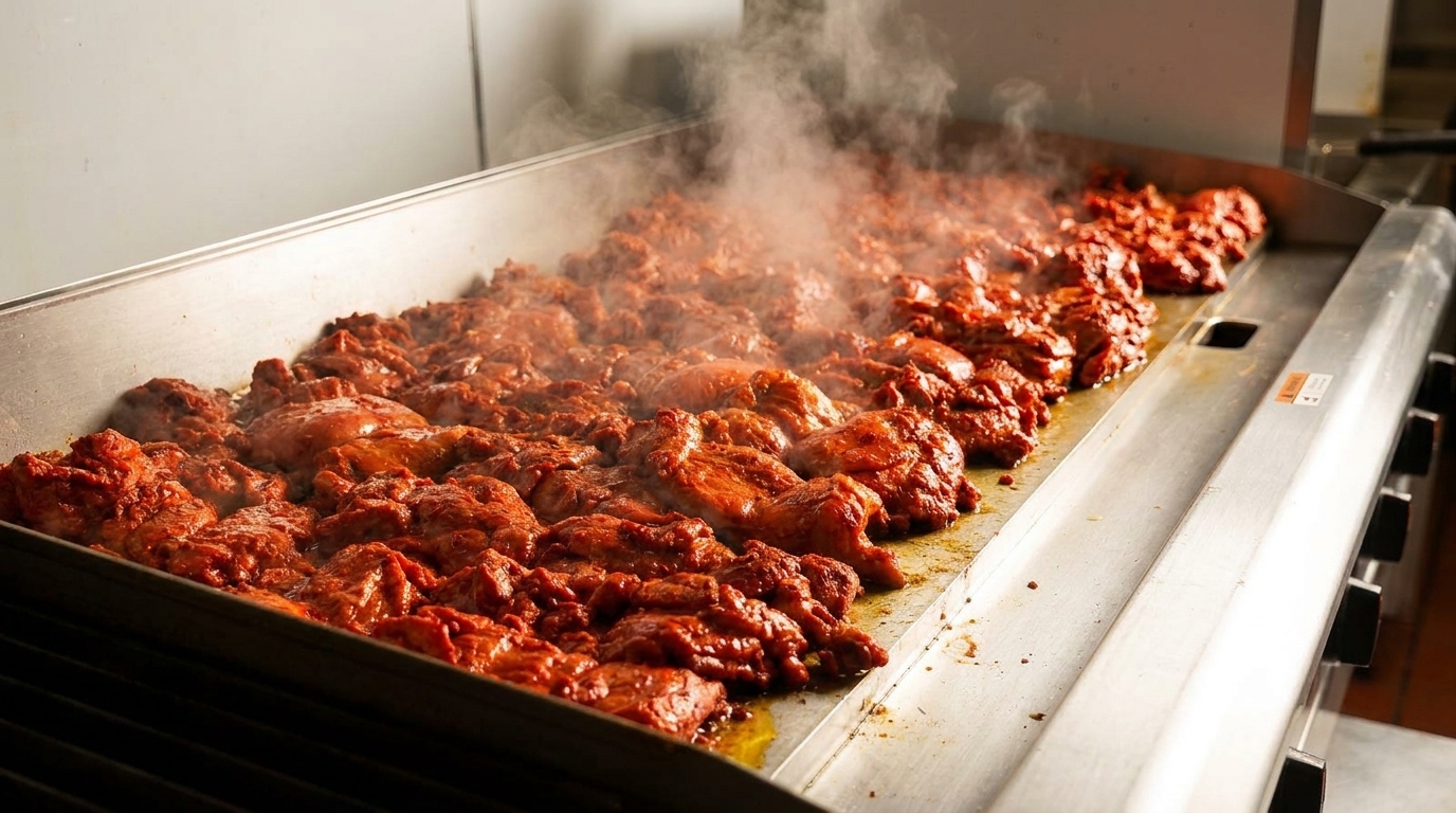 Marinated red meat sizzles and steams on a large, flat commercial grill in a kitchen.
