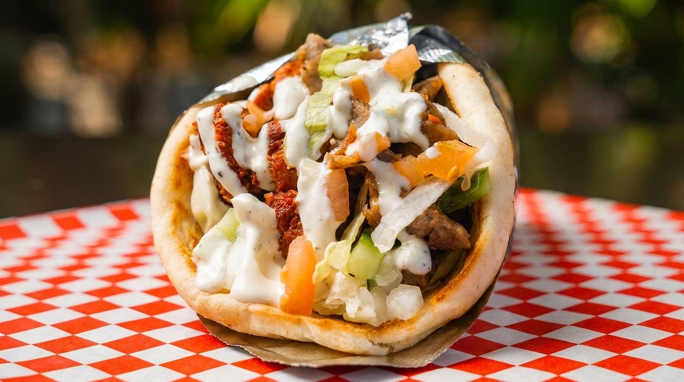 A close-up of a loaded gyro with meat, vegetables, and white sauce on a red and white checkered surface.