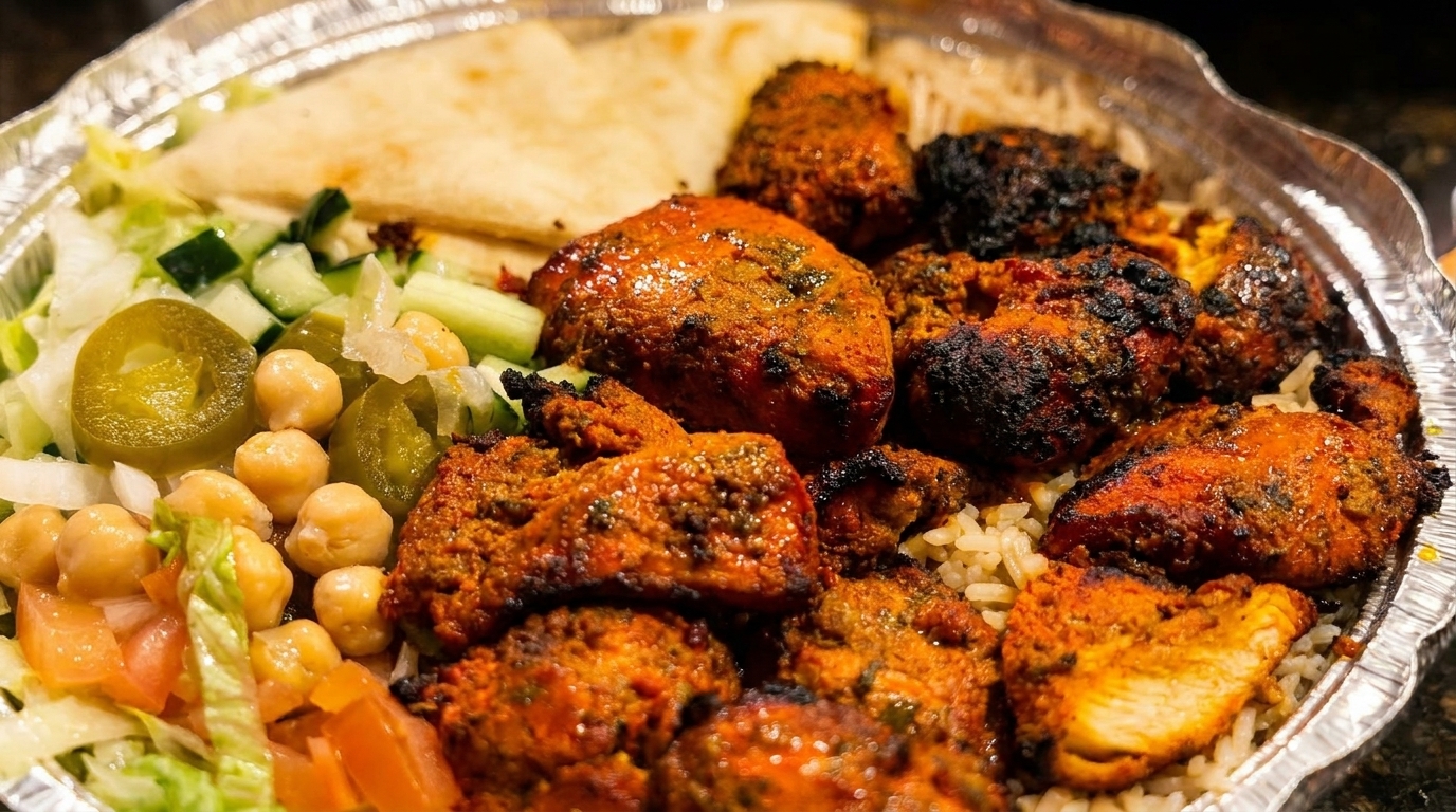 Chicken tikka masala with rice, pita bread, salad, chickpeas, and jalapeños in a foil container.