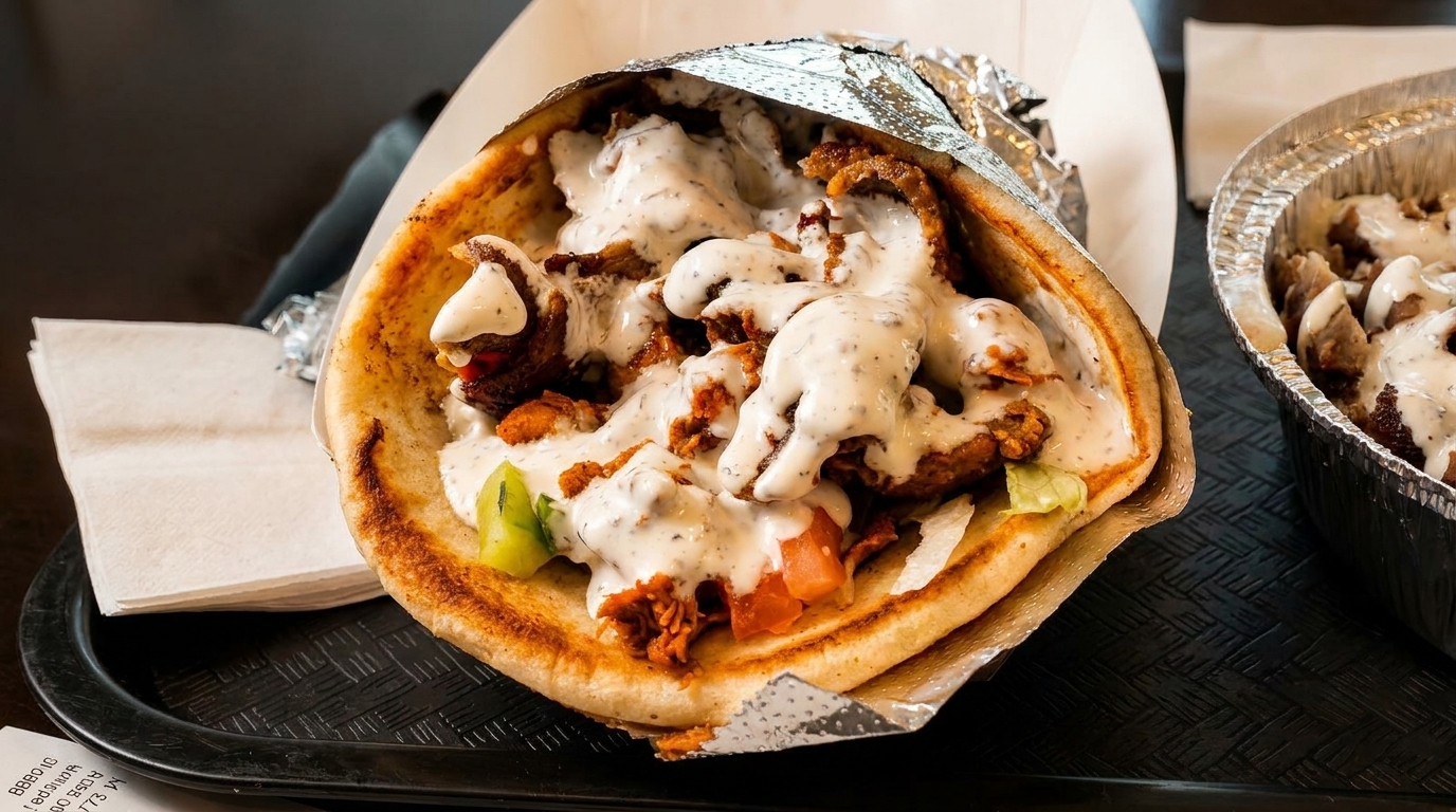 A chicken gyro with white sauce, lettuce, and tomatoes, next to a foil container of chicken.