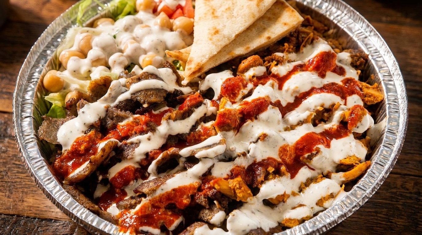 A foil container filled with gyro meat, chicken, chickpeas, lettuce, pita bread, and sauces.