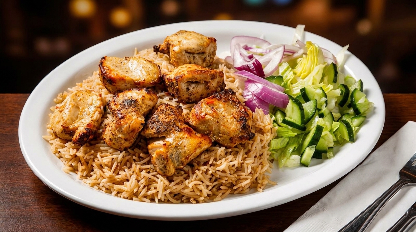 Grilled chicken pieces over rice, with a side of salad and red onions on a white plate.