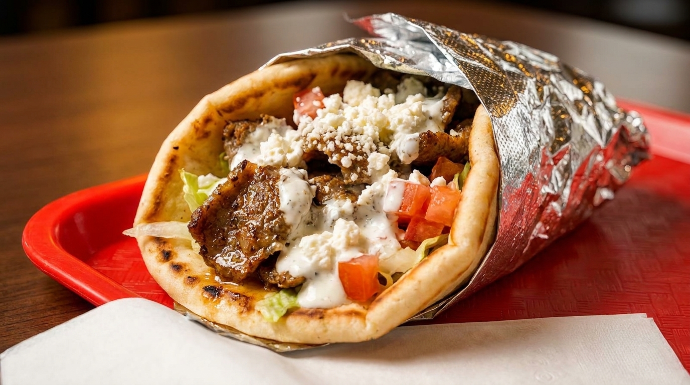 A gyro with meat, feta, tomatoes, lettuce, and tzatziki sauce, partially wrapped in foil on a red tray.
