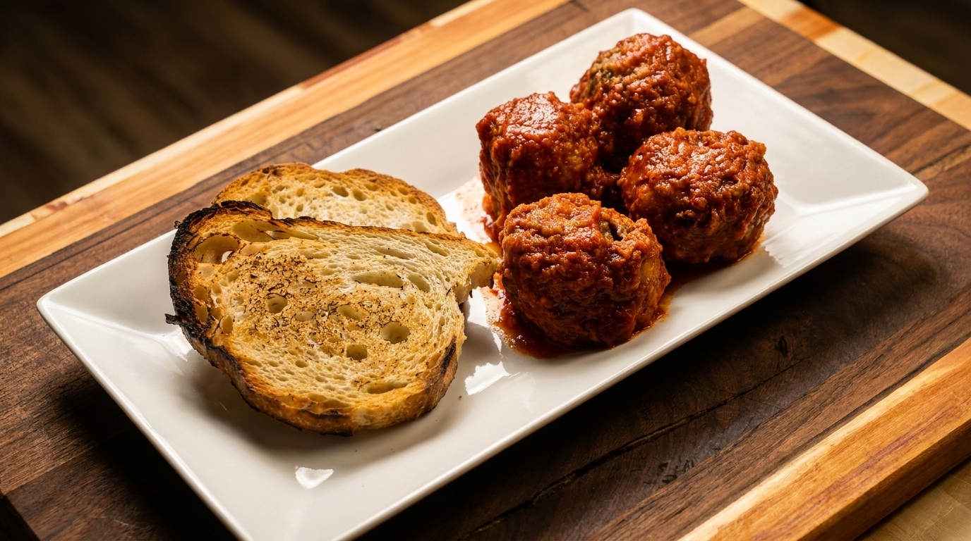 Four meatballs in red sauce with two slices of toasted bread on a white rectangular plate.