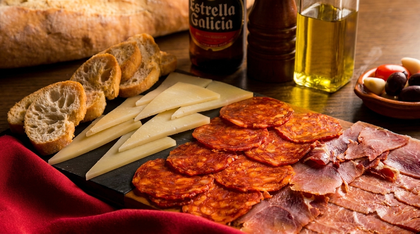 Spanish tapas spread with chorizo, jamon, cheese, bread, olives, and Estrella Galicia beer.