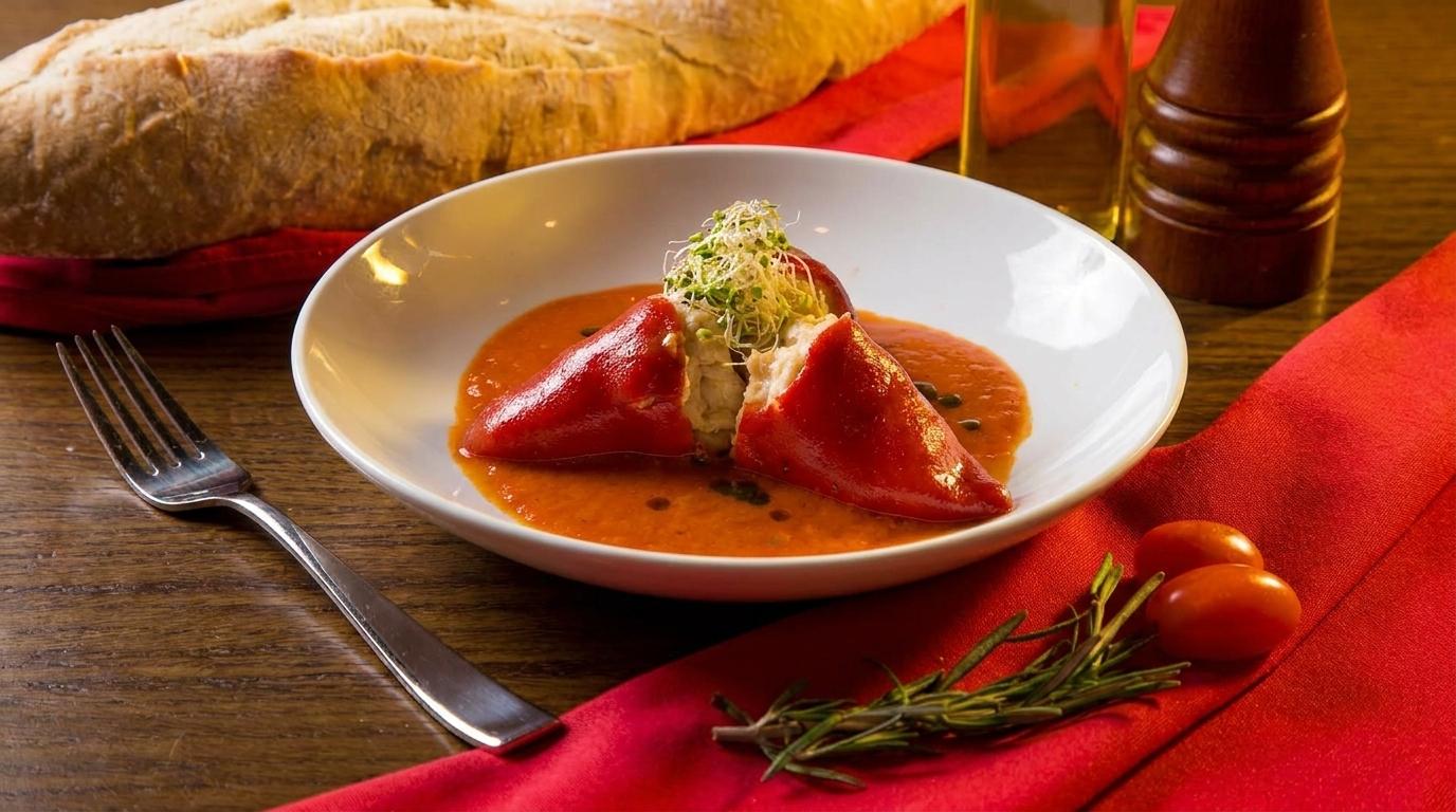 Red bell peppers stuffed with white filling and sprouts, in a red sauce, with bread and fork.
