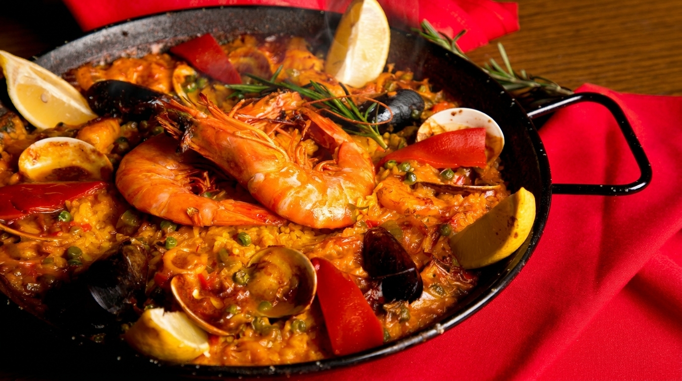 Close-up of a steaming paella pan filled with shrimp, mussels, clams, and lemon wedges.