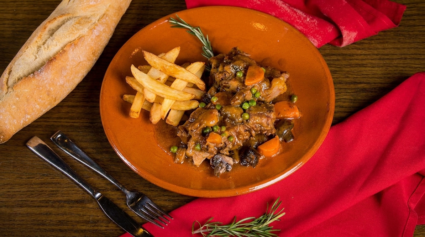 Braised meat with vegetables and fries on a terracotta plate, with a baguette and cutlery.