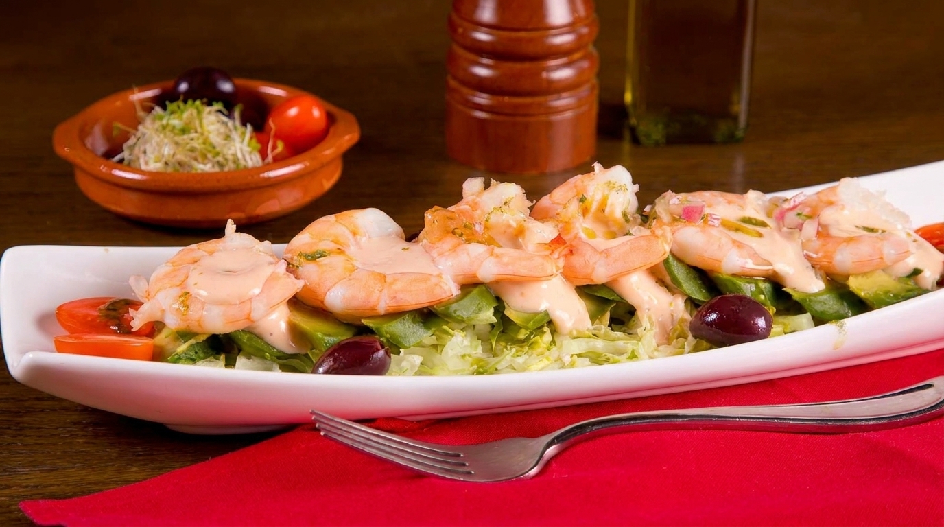 Shrimp and avocado salad with olives and cherry tomatoes on a white platter.