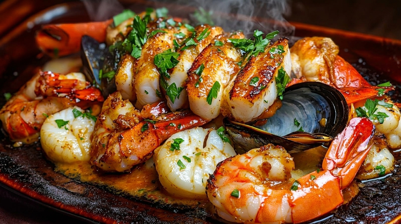 Steaming platter of grilled shrimp, scallops, mussels, and lobster, garnished with fresh parsley.