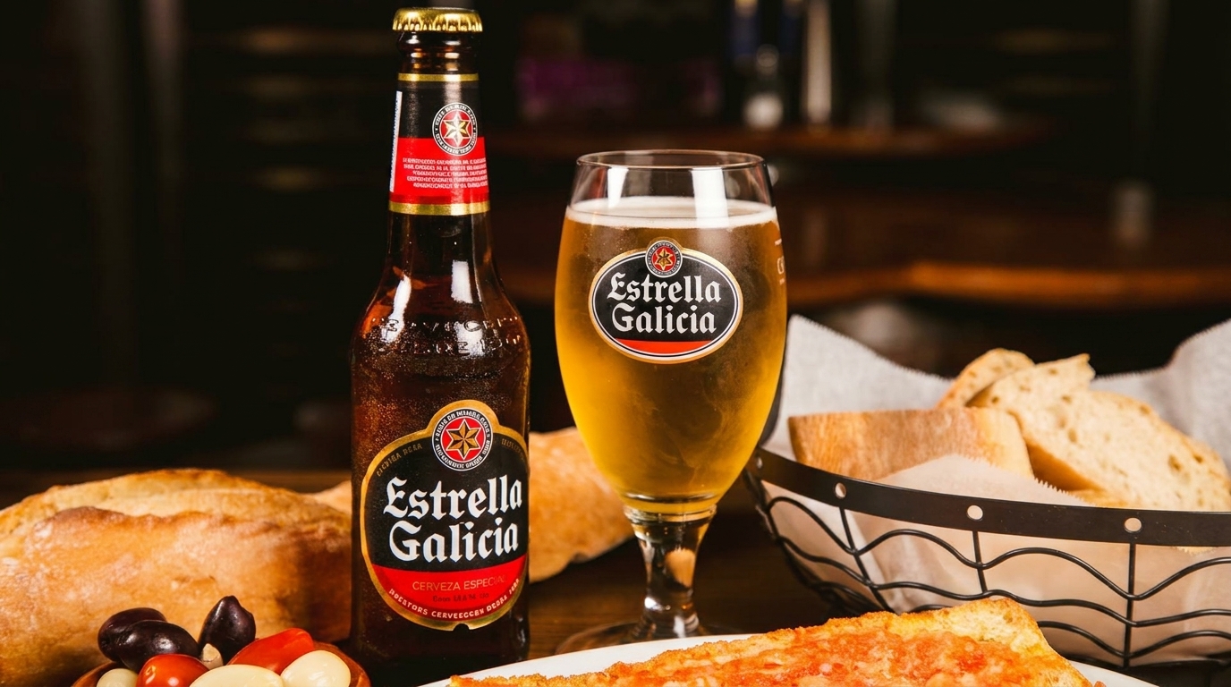Estrella Galicia beer bottle and glass with bread, olives, and tomato bread on a table.