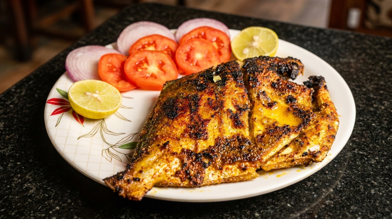 A whole grilled fish, garnished with lemon wedges, sliced tomatoes, and red onions on a white plate.