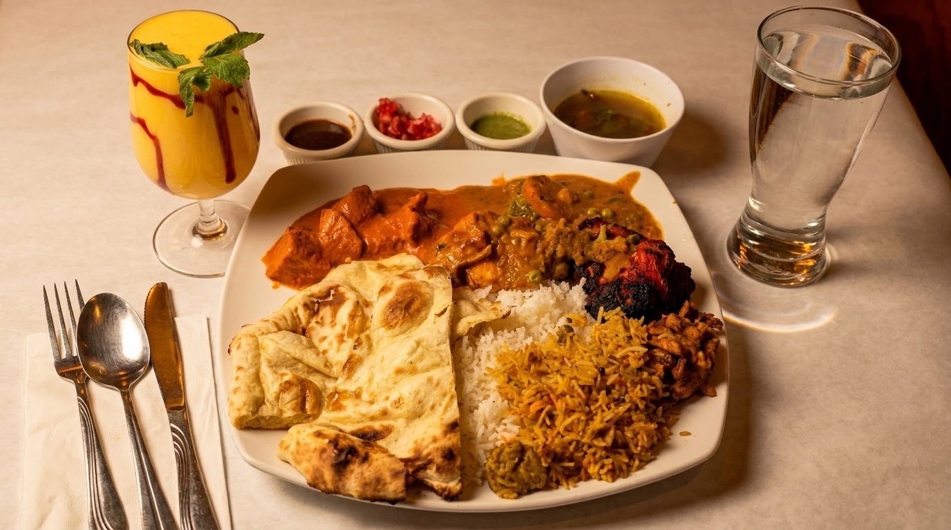A large Indian thali platter with various curries, rice, naan, and a mango lassi.